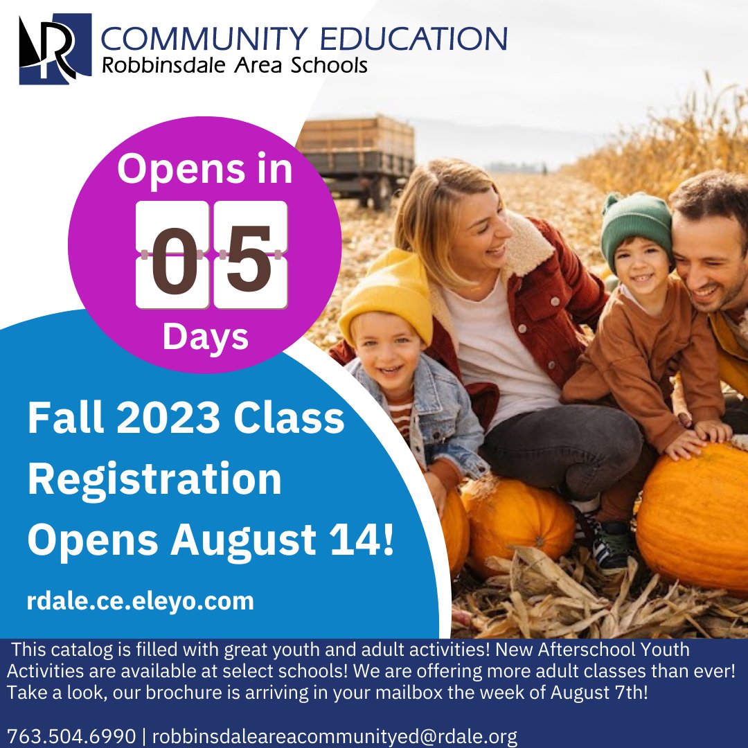 RASCommunityEd's tweet image. Brochures will be arriving in your mailbox the week of August 7th!
Register for your classes August 14th! 
Don't miss that Early Bird $5 Discount on select classes! 
 #plymouthmn #goldenvalleymn #newhopemn #crystalmn #robbinsdalemn #brooklyncentermn #brooklynparkmn