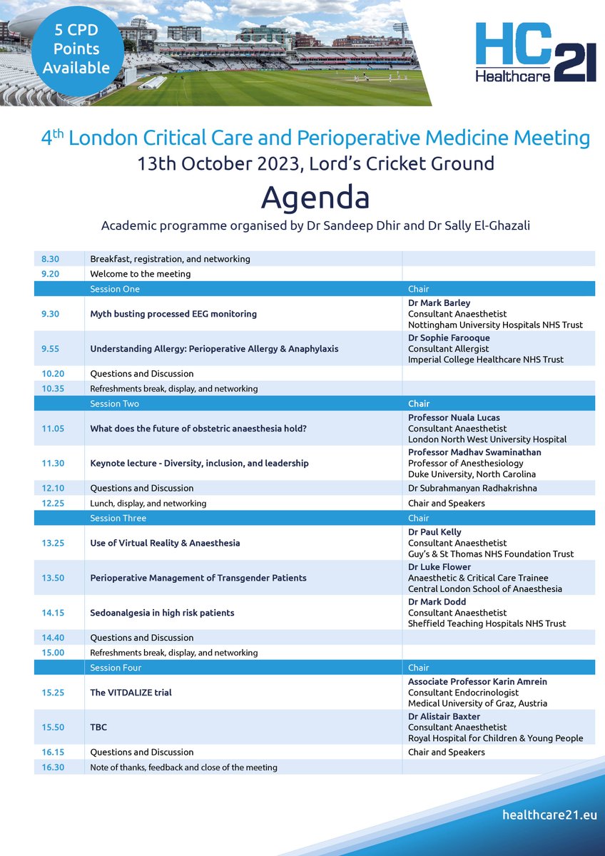 At HC21, we are committed to supporting education in our industry. Today, we are delighted to announce the “Save the date” for the 4th Lords Cricket Ground – Perioperative &amp; Intensive Care Meeting on 13th Oct 2023
Register here: rb.gy/ltamp
#HC21 #Perioperative