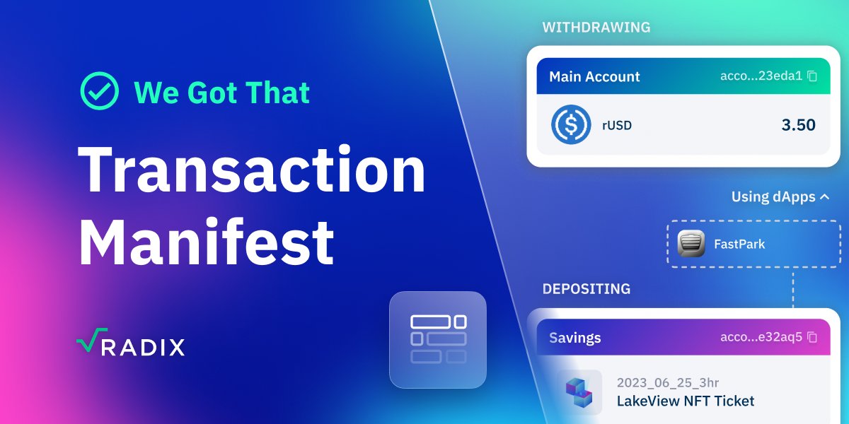 radixdlt's tweet photo. The Transaction Manifest is a total game-changer for Web3 &amp; DeFi.

Here is why 🧵👇

#WeGotThat https://t.co/RpcLsK1Ulz