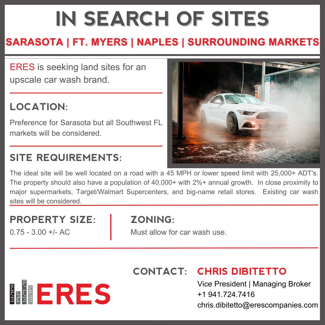 ERES_CRE's tweet photo. The ERES Sarasota team is searching for multiple sites for an upscale car wash brand.  Preferable location is in #Sarasota, but all Southwest Florida markets will be considered.  

Have the perfect spot in mind?  Please contact Chris DiBitetto at +1 941.724.7416 https://t.co/ZCZv57jXzw
