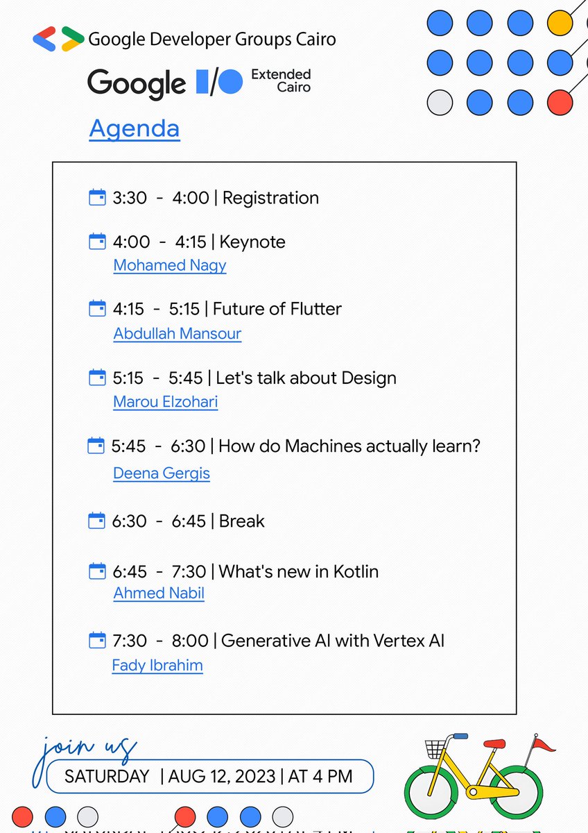 GDGCairo's tweet image. Hi There  👋
Our Agenda is finally here 🥳🥳

👉We are waiting for you at The GrEEK Campus on Saturday, 12th Aug, 2023. 

Grow your skills around the Google technology you love.💥#IOExtended23 #IOExtendedWebEdition #IOExtended23Cairo #GoogleIO2023 #GDGCairo