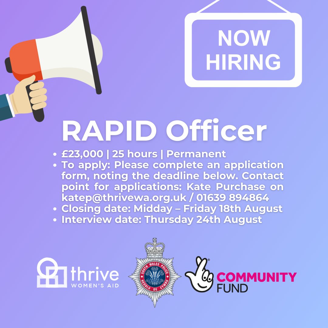WE ARE RECRUITING! 

Thrive are currently looking to recruit a motivated person to join our team as a RAPID Officer. For more information about the role, please contact Kate Purchase on katep@thrivewa.org.uk 

#charityjobs #thrivewomensaid #thirdsectorjobs #recruiting #jobad