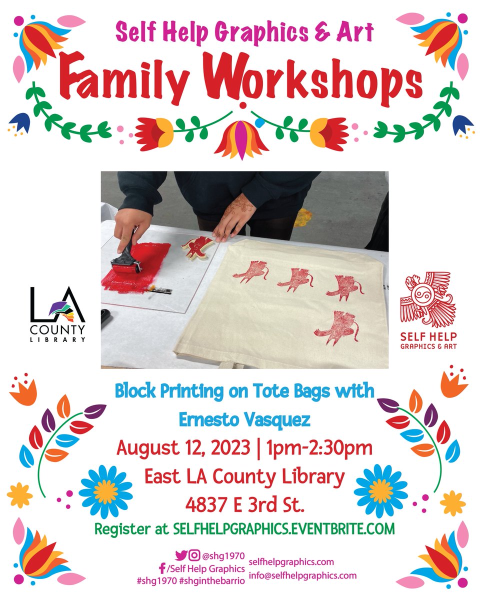 SHG1970's tweet image. Our monthly #FamilyWorkshop is this Sat, 8/12 1PM-2:30PM at the East Los Angeles County Library! Learn how to create a handmade stamp using printing blocks, carving tools &amp;amp; foam sheet cut outs that will be stamped on tote bags. Register to join us at selfhelpgraphics.eventbrite.com.