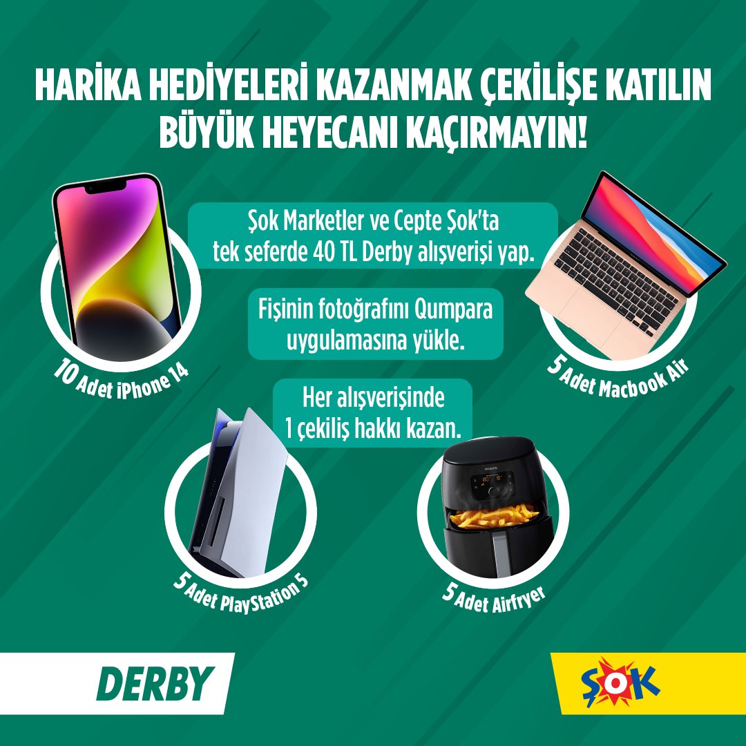 Harika hediyeleri kazanmak çekilişe katılın, büyük heyecanı kaçırmayın! Ver Bi' Derby kampanyası tüm heyecanıyla devam ediyor. Şok Marketler’den yapacağınız her 40 TL’lik alışverişinizi Qumbara uygulamasına yükleyin, 1 çekiliş hakkı kazanın! 😎 #Derby #VerBiDerby