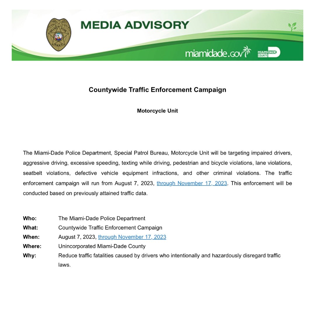 Our Special Patrol Bureau, Motorcycle Unit will be conducting a countywide traffic enforcement campaign from August 7, 2023, through November 17, 2023. #MDPDprotecting