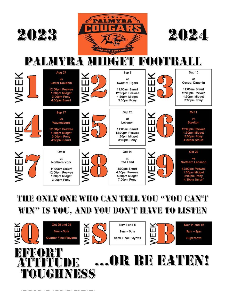 2023 Palmyra Midget Football Association 
Team Schedule

Now with new and improved times!

#OneTownOneTeam #homegrown #PalmyraProud