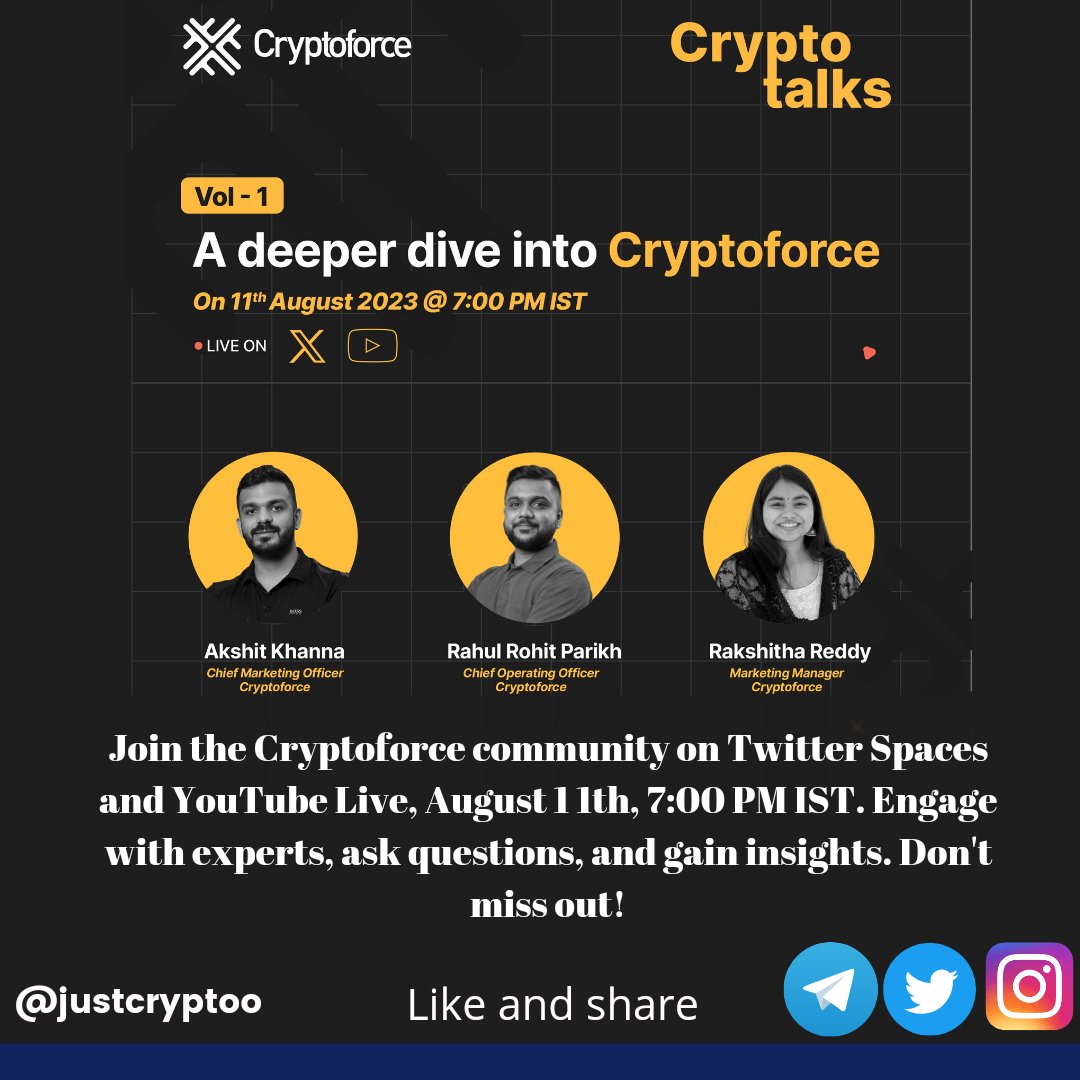 DevonColmen's tweet photo. Join the Cryptoforce community on Twitter Spaces and YouTube Live, August 11th, 7:00 PM IST. Engage with experts, ask questions, and gain insights. Don't miss out!
#crypto #cryptoforce #cryptoforcedragons #cryptoexchange #blockchain #cryptotrading #trading https://t.co/nKsClwIw57