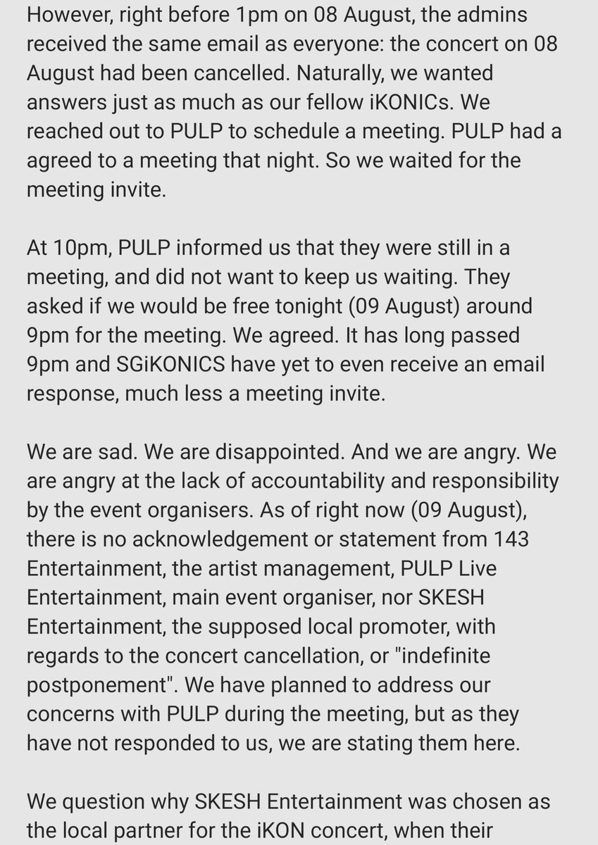SG_iKONICS's tweet photo. SGiKONICS Admins' Statement with regards to the TAKEOFF TOUR IN SINGAPORE Cancellation.

@iKONIC_143 @GTMNY143 @pulpliveworld
@happeehour @SkeshMM

Part 2/3 #iKONinSG2023 #GiveSGiKONICSAnswers https://t.co/JTHrTcCC5O