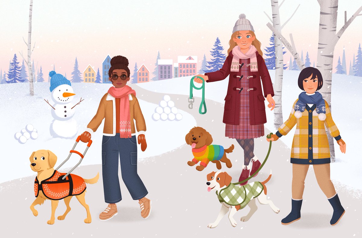 multiple girls dog scarf leash tree hat beanie  illustration images