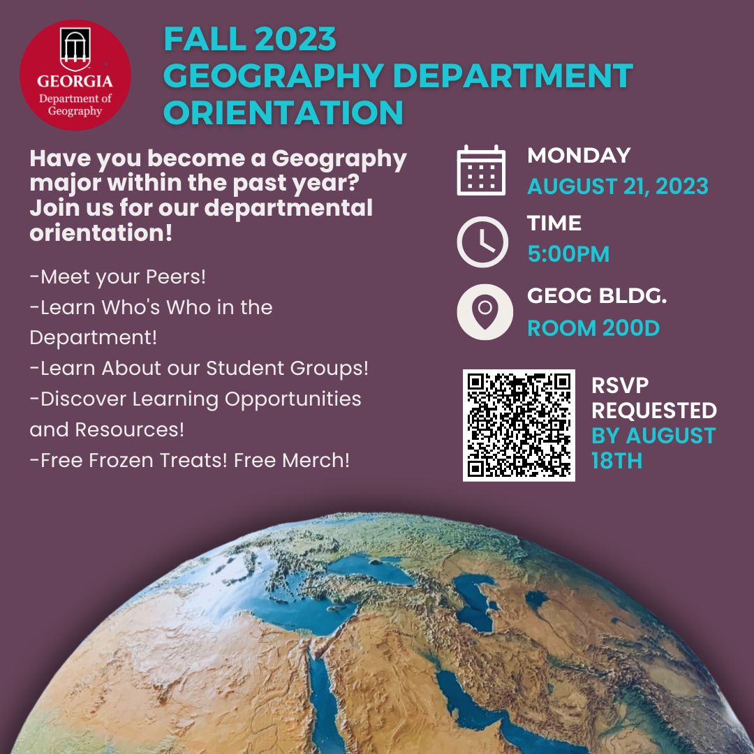 Are you a new Geography major? Join us at our upcoming Fall 2023 Department Orientation! Swing by to make some friends, grab a frozen treat, and take home some departmental swag! Can't wait to see you there! RSVP here: docs.google.com/forms/d/e/1FAI…