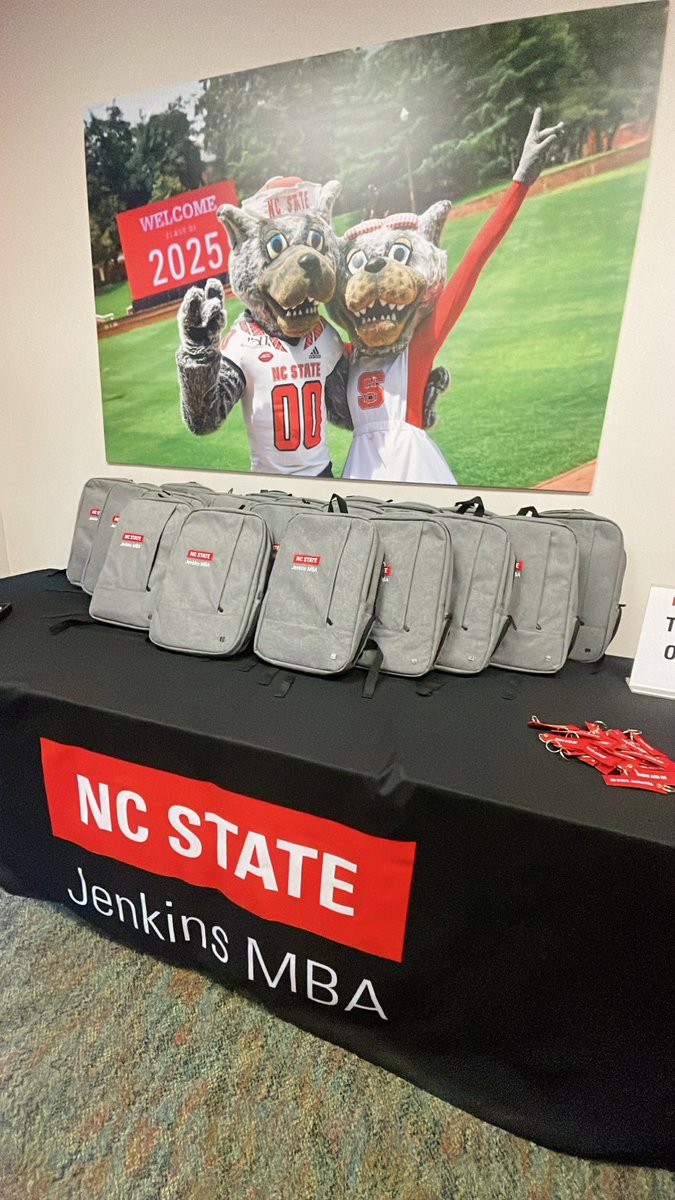 NCStatePoole's tweet photo. We are so excited to welcome our newest @NCStateMBA cohort to Nelson Hall this morning during orientation! 🎈🎉
Mr. Wuf also made an appearance. 🐺🐾
#NCStateMBA @NCState https://t.co/7yJIPxeggT