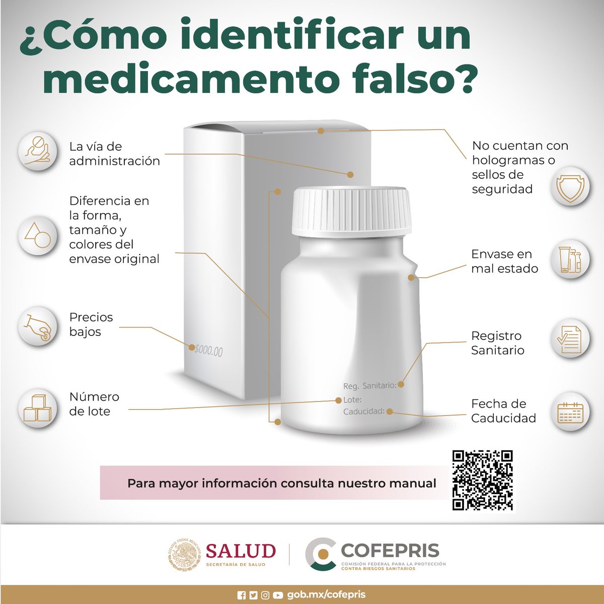 La comercialización, distribución y venta de insumos para la salud falsificados, son un problema a nivel mundial, ocasionando daños al consumidor y en algunas ocasiones, pueden causar la muerte. 

Ingresa e infórmate de cómo aprender a reconocer cuando un medicamento es falso.