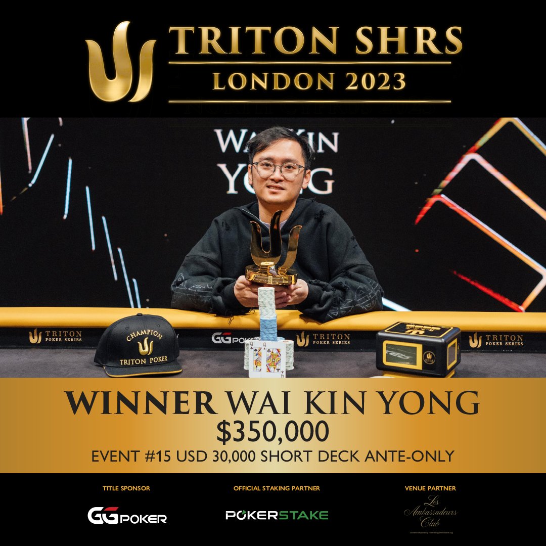Amidst fierce competition 🔥 in Event #15 $30k Short Deck Ante-Only, 🇲🇾 Wai Kin Yong emerged victorious, clinching his 4th Triton title 🔱🏆 and a well-deserved prize of $350,000 💰.

Wai Kin's journey reminds us that greatness is achieved through unwavering determination,