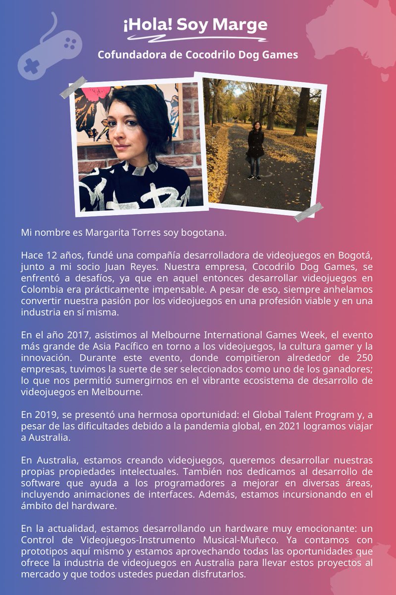 AusEmbCO's tweet image. Conozcan a Margarita 👋

@marge_torres es desarolladora de videos juegos 🎮 y trabaja creando prototipos y hardware 👩‍💻📱. Marge es una colombiana 🇨🇴 en Australia 🇦🇺

#ColombianosEnOz