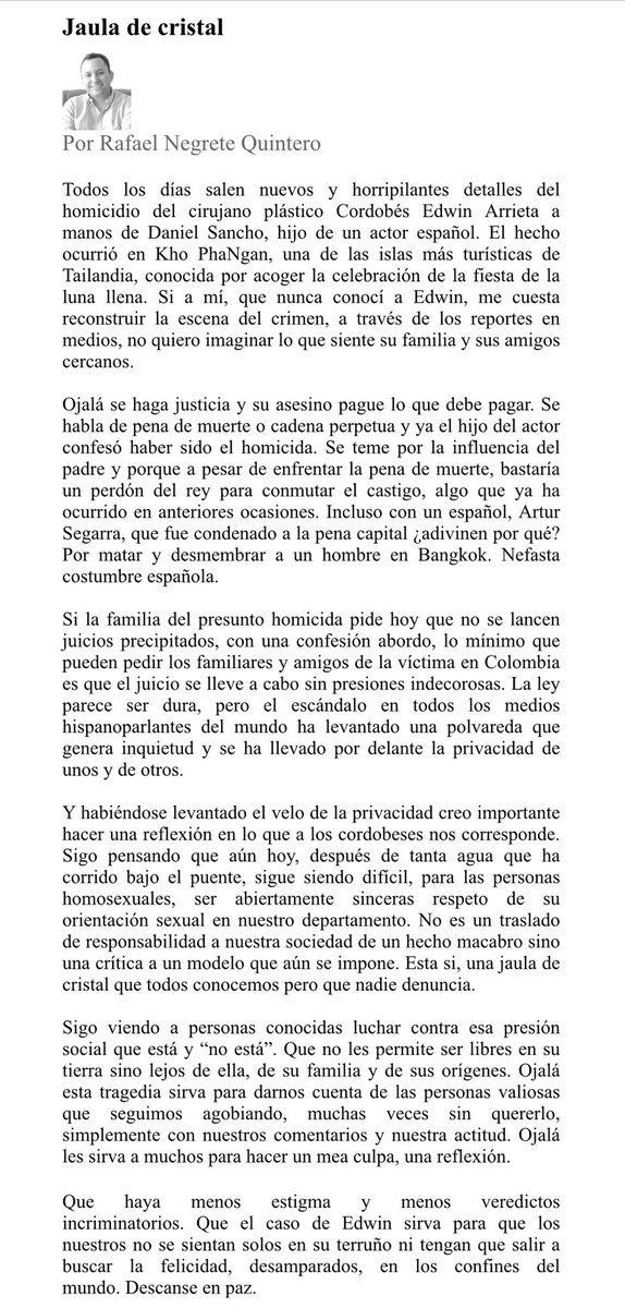 En la columna de hoy reflexiono sobre el triste asesinato del cirujano cordobés Edwin Arrieta. 

Es también un llamado a la reflexión y a la empatía en estos momentos difíciles.

elmeridiano.co/opinion/jaula-…