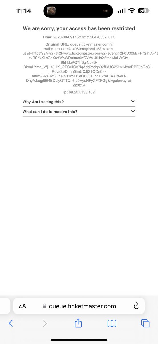 angang2022's tweet photo. I got a presale link for the Taylor Swift Miami dates….and this is all I get when I click my special link and none of the things that it says to resolve it applies to me!!! 😫😫😫😫 is anyone else getting this??? #miamipresale #taylorswiftpresalemiami https://t.co/Bbij0rRGe3