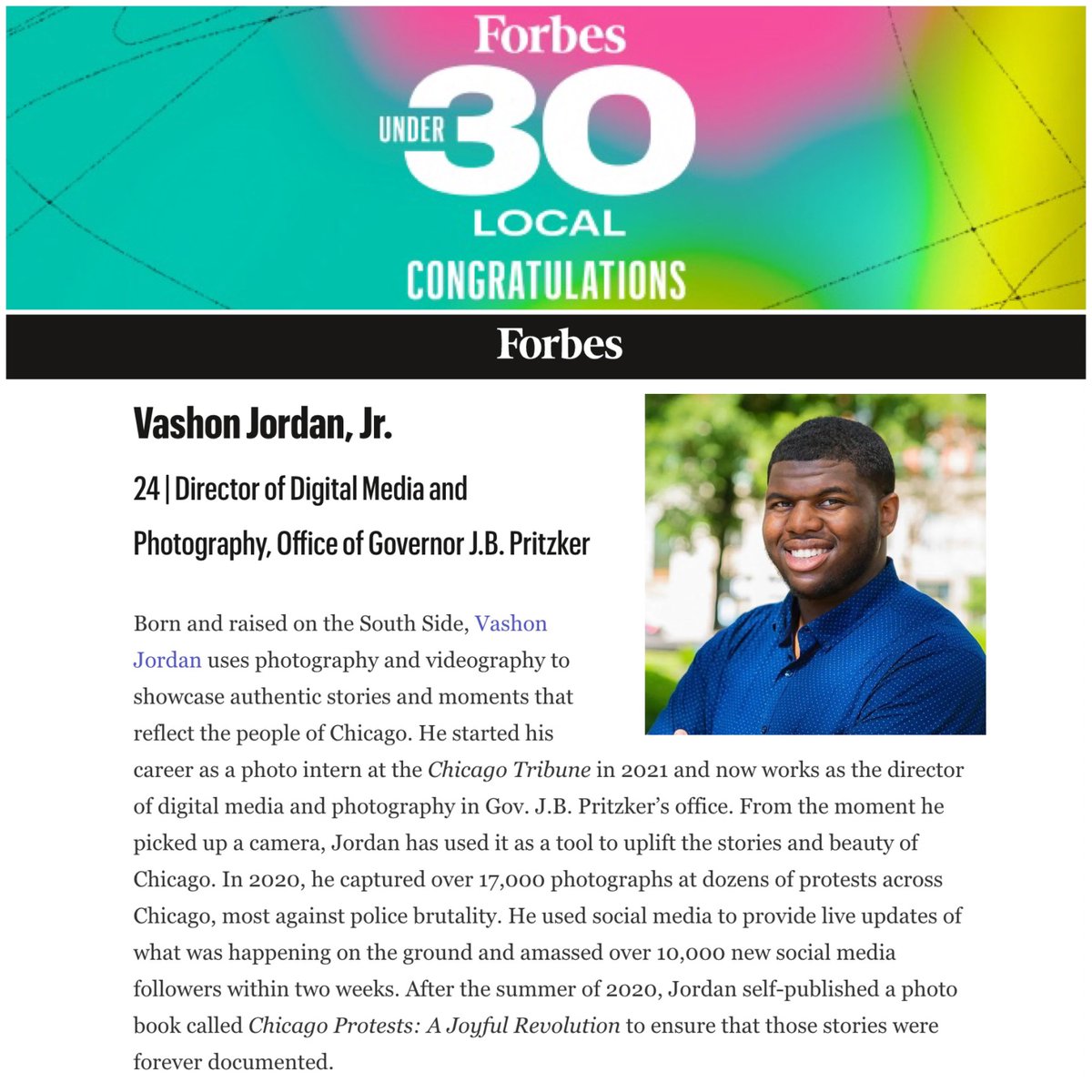 vashon_photo's tweet photo. Woke up on the Forbes list.

Thank you, @Forbes, I am honored to be in such great company to represent Chicago on the inaugural #ForbesUnder30Local list! https://t.co/XC9D7Od2gC