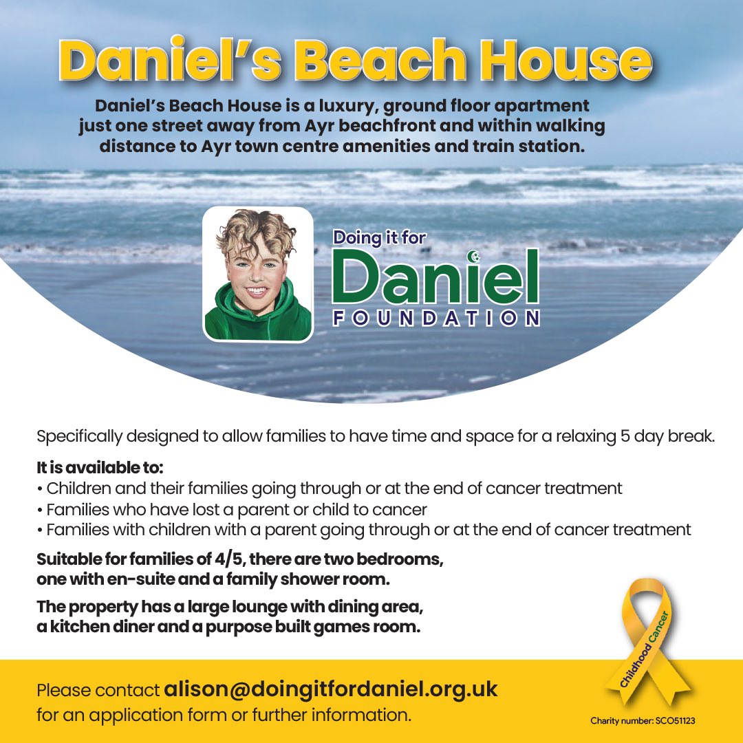 During the past week we sent 5 grants out - 3 to young adults at the Beatson and 2 to the families of little ones at the RHC in Glasgow. We hope it helps as they all try to cope with their different cancer journeys. Daniel’s Beach House has been fully booked this summer too 💛🎗️