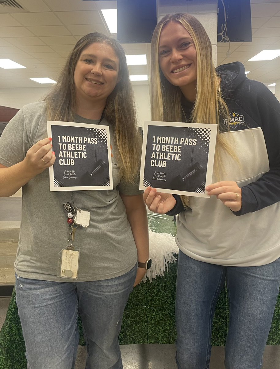 BeebeMiddle's tweet photo. Mrs. Woodham and Mrs. Brooks won a month long pass to Beebe Athletic Club! Thank you BAC for your donation and for supporting our school! #BPRD #BMSGameOn https://t.co/BBotjNvLP6