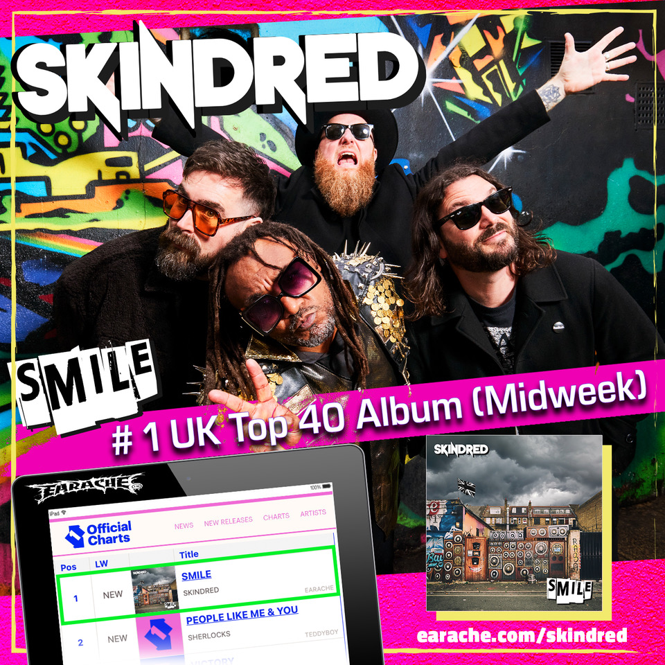 .@Skindredmusic are currently sitting at No. 1 in the UK midweek official albums chart! Let’s help make history by putting an Alternative Welsh Reggae Metal band on an indie label into the Top 10! Grab a copy of Smile now & support these #HMA23 winners - amazon.co.uk/Smile-Skindred…