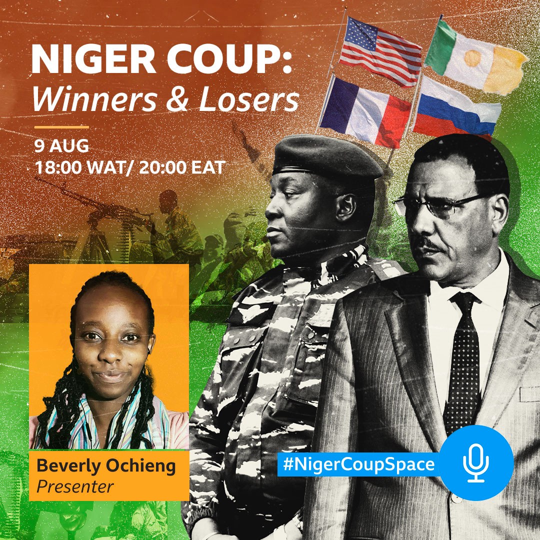 BBCAfrica's tweet photo. 🚨Twitter Space TONIGHT🚨
18:00 WAT/20:00EAT 
You've been hearing about the coup in Niger, but unlike other military interventions in Africa, this one has a wider, global impact. Join @BeverlyOchieng and a group of pundits tonight. Send your queries using #NigerCoupSpace. https://t.co/udYpDsqq7u