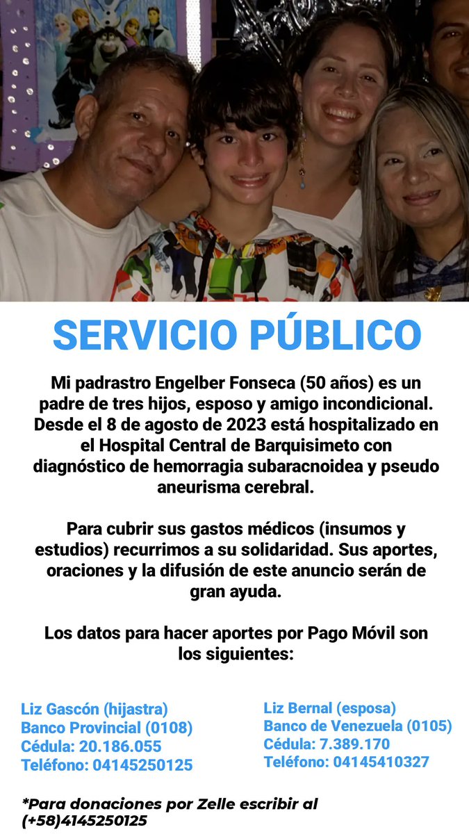 Hoy recurro a su solidaridad por la salud de mi padrastro. Está hospitalizado desde el #8Ago en el HCAMP de Barquisimeto, Lara, con un diagnóstico de hemorragia subaracnoidea y pseudo aneurisma cerebral. 
Sus oraciones, aportes y RT a este mensaje serán de gran ayuda.