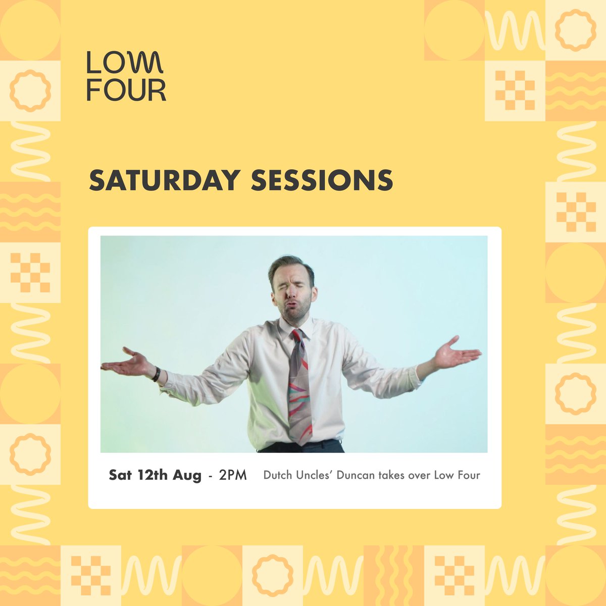 Low Four Studio (@lowfourstudio) on Twitter photo Playing the right and wrong side of pop and wonk. Duncan from <a href="/dutchuncles/">Dutch Uncles</a> is soundtracking this Saturday's session on the terrace. Sunshine likely, delicious beer from <a href="/cloudwaterbrew/">Cloudwater Brew Co</a> guaranteed. 2pm til late. Playing the right and wrong side of pop and wonk. Duncan from <a href="/dutchuncles/">Dutch Uncles</a> is soundtracking this Saturday's session on the terrace. Sunshine likely, delicious beer from <a href="/cloudwaterbrew/">Cloudwater Brew Co</a> guaranteed. 2pm til late.