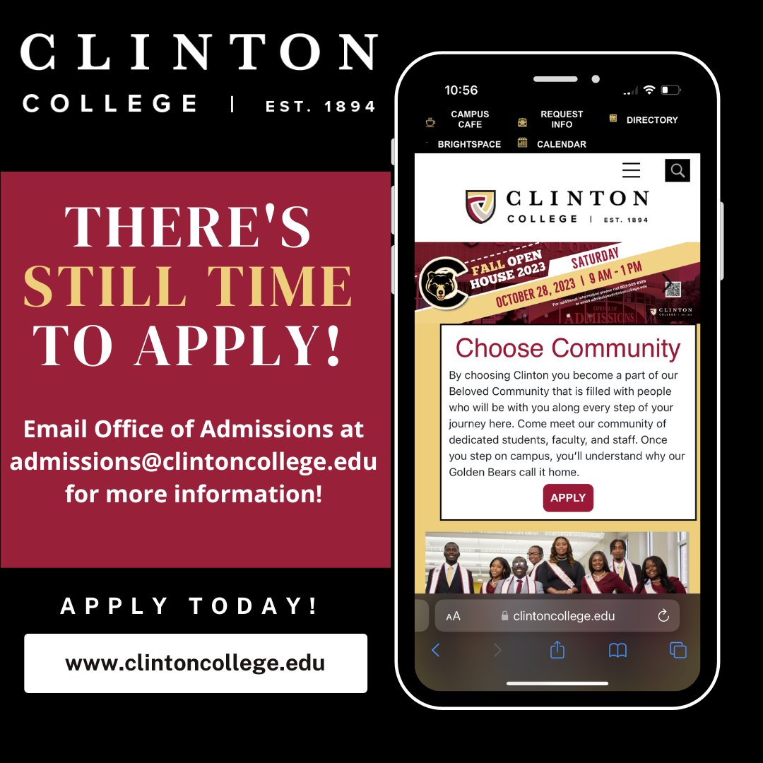 Clinton1894's tweet photo. Ready to begin your college journey? Enrollment for the fall semester is still OPEN! Apply online at https://t.co/A1WZnWQGSD to start your journey at Clinton TODAY! https://t.co/mrTNyStiCj