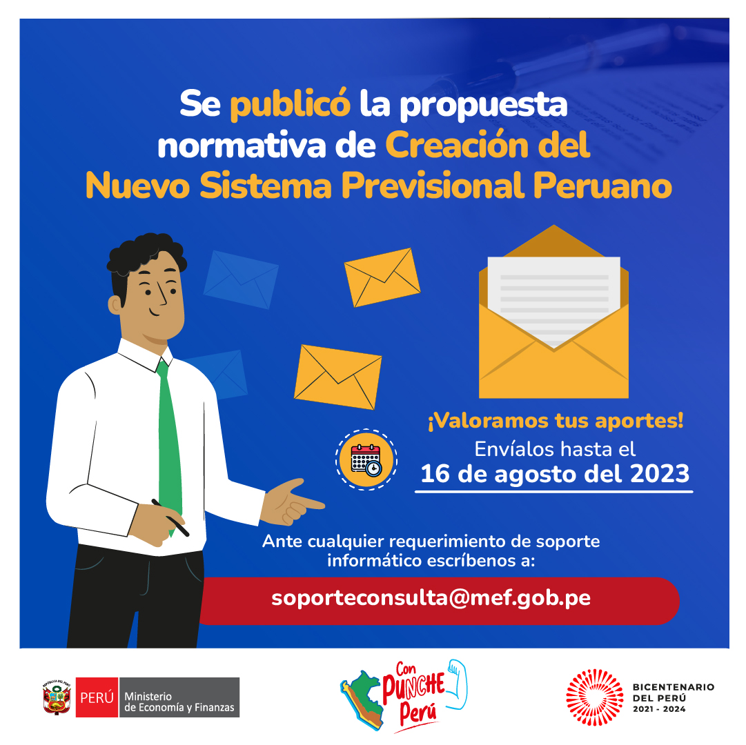 MEF_Peru's tweet photo. 🙋🏽‍♀️🙋🏽 Queremos conocer tu opinión | El MEF pone a disposición de la ciudadanía la propuesta normativa de Creación del Nuevo Sistema Previsional Peruano para recibir comentarios y/o aportes.
📃Ingresa a este link y escribe tus comentarios: https://t.co/FR9bhAqaRK
#MiPensiónMiFuturo https://t.co/r75cFiUgwm