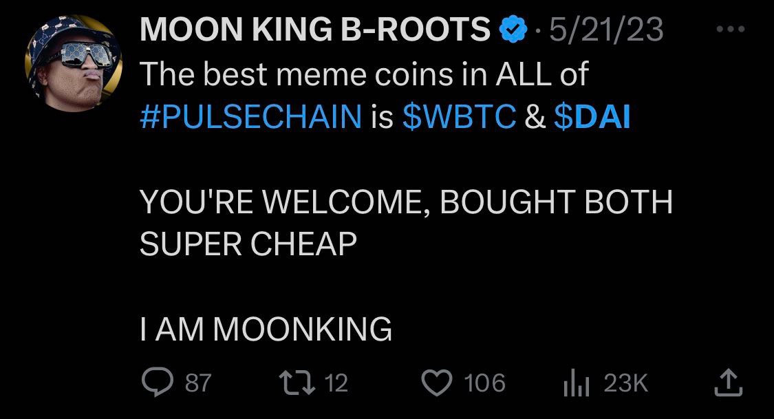 Eyo ! <a href="/iambroots/">MOON KING B-ROOTS</a> 
Why you silent to your community about the opportunity of a life time when it's well time to be vocal about it?
$pDai Right of Forever Remain Silent!

#Pulsechain 
Join TG: t.me/PulseChainDAI