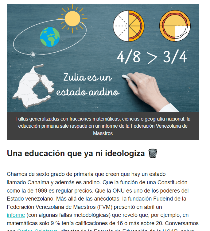 La ideologización en la educación venezolana pasó a ser un mal menor: el sistema educativo del chavismo ni siquiera tiene músculo para ideologizar. 

Canadá y EEUU son países latinoamericanos, respondieron algunos chamos de 6° grado, según un informe de FUDEIND @FVM. Solo 9% sacó