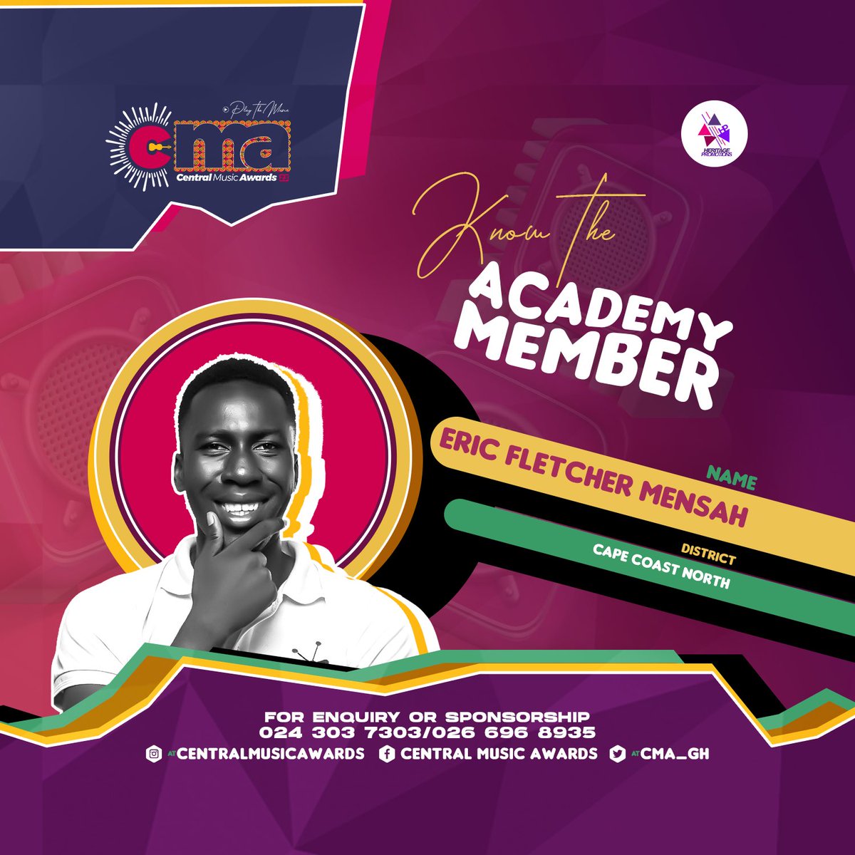Renowned promoter <a href="/mensah_fletcher/">Eric Fletcher Mensah</a> is our Academy Representative for CAPE COAST NORTH ahead of the Central Music Awards 2023 

NB: Entries for nomination open on Monday, 28th August 2023. 

The <a href="/CMA_Gh/">𝐂𝐞𝐧𝐭𝐫𝐚𝐥 𝐌𝐮𝐬𝐢𝐜 𝐀𝐰𝐚𝐫𝐝𝐬 2025</a> is powered by <a href="/heritagepromogh/">Heritage Promotions</a> 

#CMA23 #PlayTheMusic