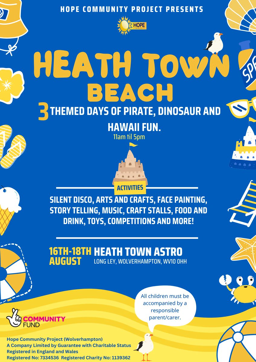 Hope Community Heath Town (@hope_nicolas) on Twitter photo Heath Town Beach. Wednesday 16th, Thursday 17th and Friday 18th August 11am - 5pm at The Astro, Long Lea. WV10 0HH. Free pop up urban beach plus music, dance, arts and crafts. Family fun. See you there. Heath Town Beach. Wednesday 16th, Thursday 17th and Friday 18th August 11am - 5pm at The Astro, Long Lea. WV10 0HH. Free pop up urban beach plus music, dance, arts and crafts. Family fun. See you there.