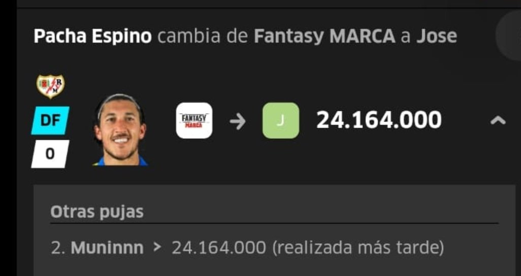 A casi 24 h para el cierre de #clausulazos y a casi 48 horas para el comienzo de la #JORNADA 1️⃣ de la #LIGA ⚽

En 🔴 <a href="/FantasyMarca/">Movistar Fantasy MARCA</a> ⚫ #THEBEST 🔴🔝  #DIVISIÓN ⚫ el fichaje de <a href="/pachaespino/">Alfonso Espino</a> se ha decidido por el #manager <a href="/Jose_Gimenez5/">Jose Gimenez•</a> que hizo la #puja antes.