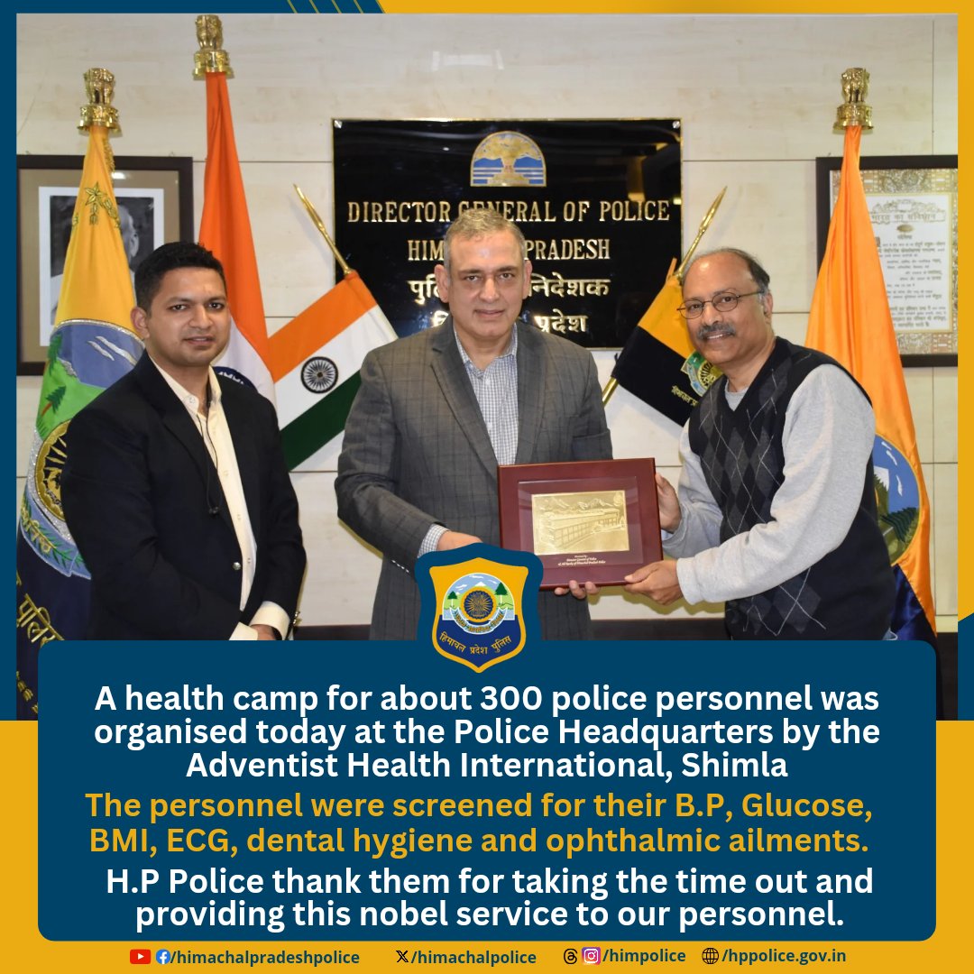 himachalpolice's tweet photo. A health camp for about 300 police personnel was organised today at the Police Headquarters by the Adventist Health International, Shimla (1/2)
@AdventistHealth @himachalpolice @CMOFFICEHP
#Health #Medical #CheckUp #PHQ #DGP_HP #HPPolice https://t.co/MycXEVWZ6z