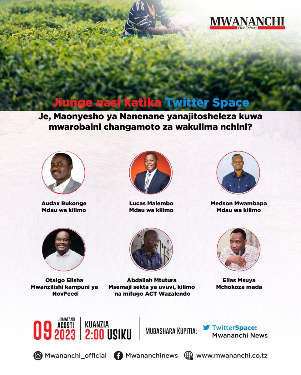 Ungana na <a href="/OtaigoE/">Young Farmer</a> na wadau wengine wa kilimo leo usiku kupitia <a href="/MwananchiNews/">Mwananchi Newspapers</a> #twiterspace