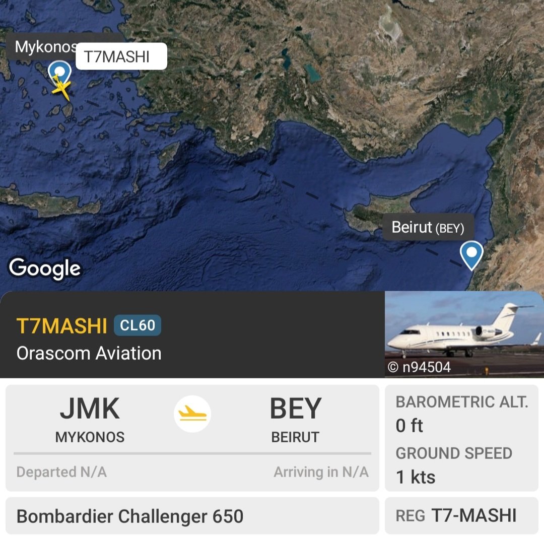 LebanonJets's tweet image. #T7MASHI of Orascom Aviation (yes same Egyptian Sawiris family of #MNSTR &amp;amp; #MINNI) started the day in #London (Luton) stopped in #Paris (LBG) and is now coming from #Mykonos to #Beirut apparently holding an event in Sursock Museum &amp;amp; backing the Amr Diab concert next week