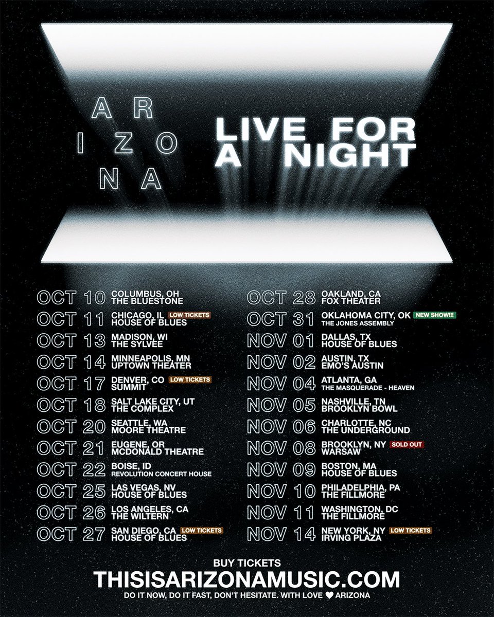 🚨 NEW SHOW ADDED 🚨 We’re so stoked to announce we’ll be playing Oklahoma City on October 31st on our Live For A Night tour! Tickets are now on sale and can be found on our website! thisisarizonamusic.com/tour DO IT NOW. DO IT FAST. DON’T HESITATE! 🪩 🕺