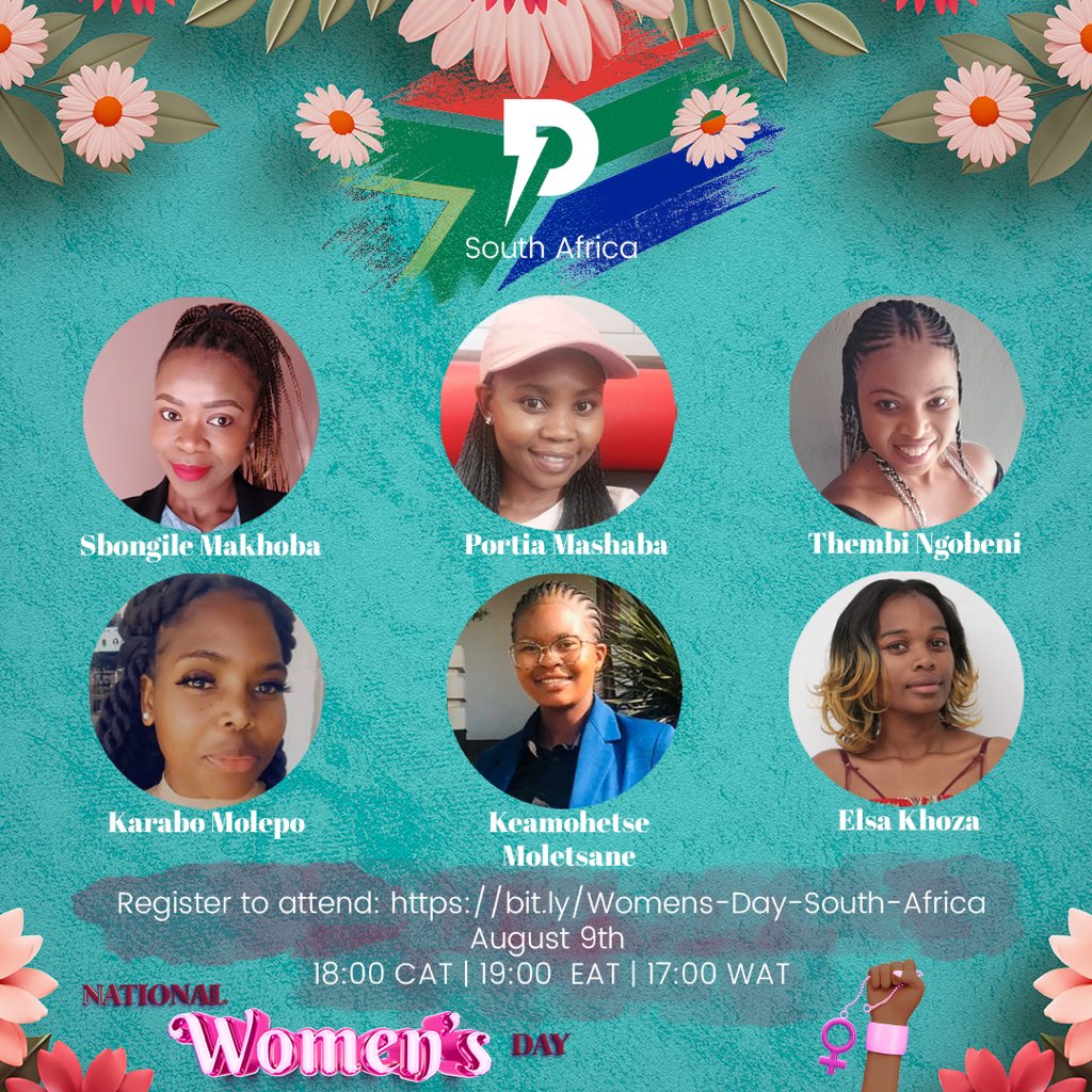 plpcommunity's tweet photo. 🇿🇦

T-minus 1 hour to Tech-the-Lead as a woman in tech this National Women’s Day 🇿🇦.

Join us at  18:00 CAT | 19:00 EAT | 17:00 WAT for this life-changing conversation

 🔗 https://t.co/cQMbpkWcUn

#1MillionDevs4Africa
#TechtheLead https://t.co/MG1w90UMca