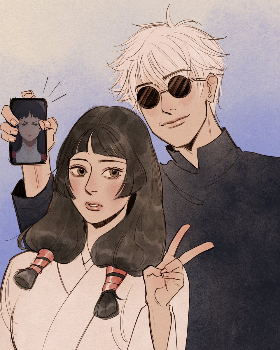 gojou satoru 1girl white hair sunglasses 1boy v black hair phone  illustration images