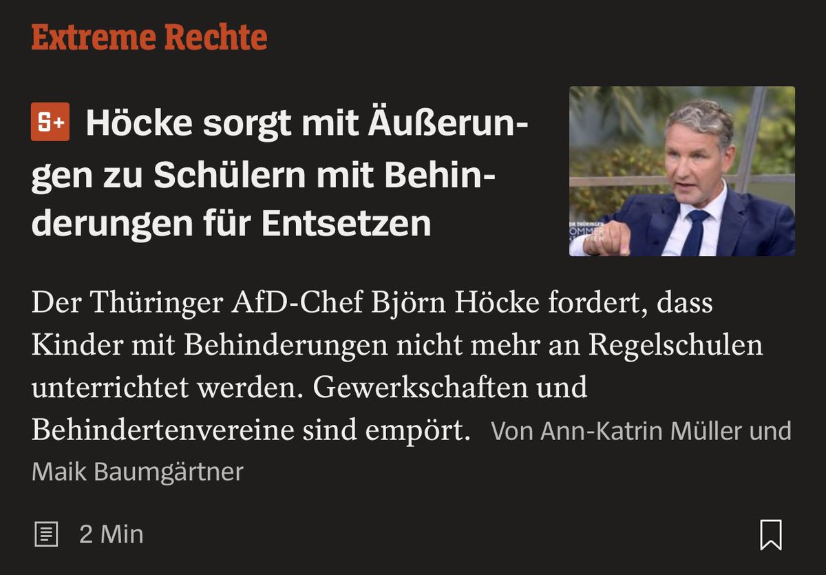 Der Nazi #Höcke sagt Nazi Dinge: Kinder mit Behinderung weg sperren, Frauen an den Herd, Demokratie abschaffen. Und jetzt gibt es große Empörung. 

Warum eigentlich? 

Ist doch alles bekannt, was der Nazi denkt und sagt, oder nicht? Ich bin viel mehr empört darüber, dass man dem