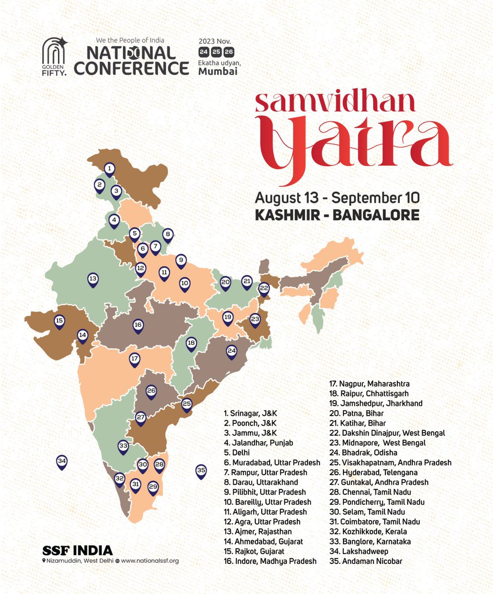 nationalssf's tweet photo. SAMVIDHAN YATRA 🔊
August 13 - September 10
Kashmir - Bangalore 

Let’s National Conference… https://t.co/QCb6EmjWW4