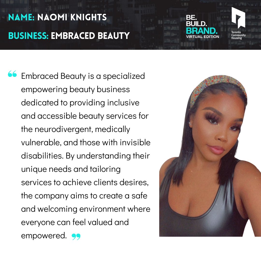 TOHousing's tweet photo. ๐ Meet Naomi Knights, second place winner of 2023 #BeBuildBrand Pitch Night. ๐ฐ
๐ Naomi is passionate about providing an inclusive and accessible beauty service that allows clients to be comfortable to be themselves in a safe environment. https://t.co/aggKd8HudE