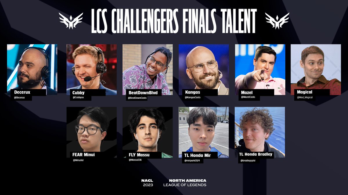 Meet your LCS Challengers League Finals broadcast team! @Minuilol, @Massu036, @mirpark0524, and @bradleyyylol will also be joining us on the analyst desk! #NACL