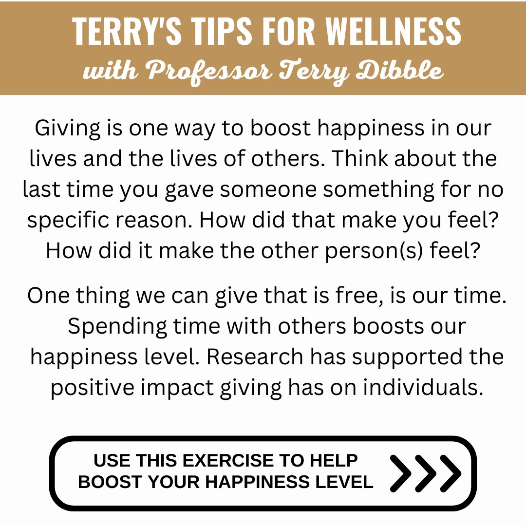 OaklanduSHS's tweet image. Today's Wellness Wednesday is another installment of Terry's Tips for Wellness. Giving is a great way to boost happiness in our own lives and the lives of others! Take some time to think of a way to give back to a loved one. #WellnessWednesday #GiftofTime #oushs #TerrysTips