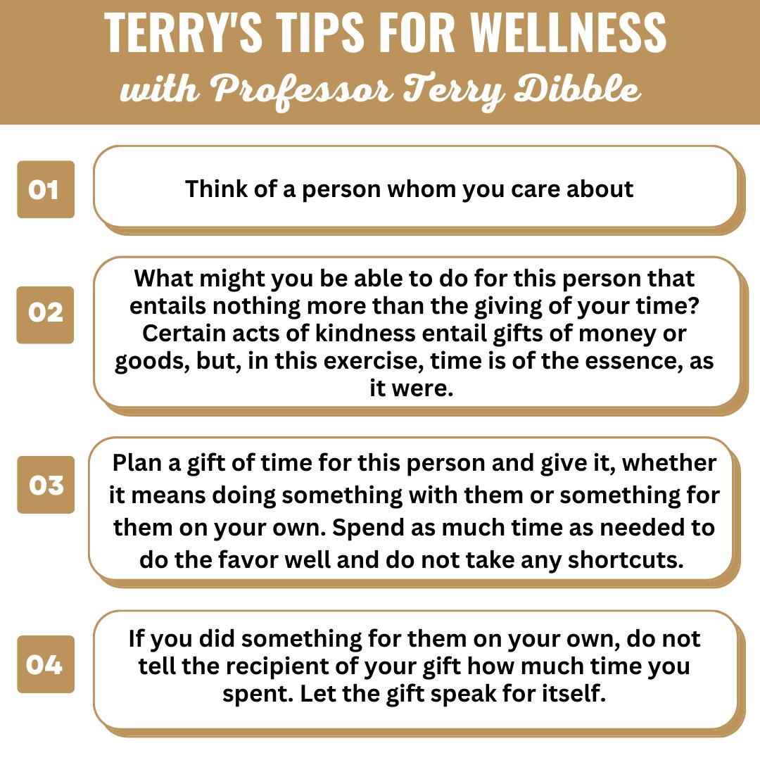 OaklanduSHS's tweet image. Today's Wellness Wednesday is another installment of Terry's Tips for Wellness. Giving is a great way to boost happiness in our own lives and the lives of others! Take some time to think of a way to give back to a loved one. #WellnessWednesday #GiftofTime #oushs #TerrysTips