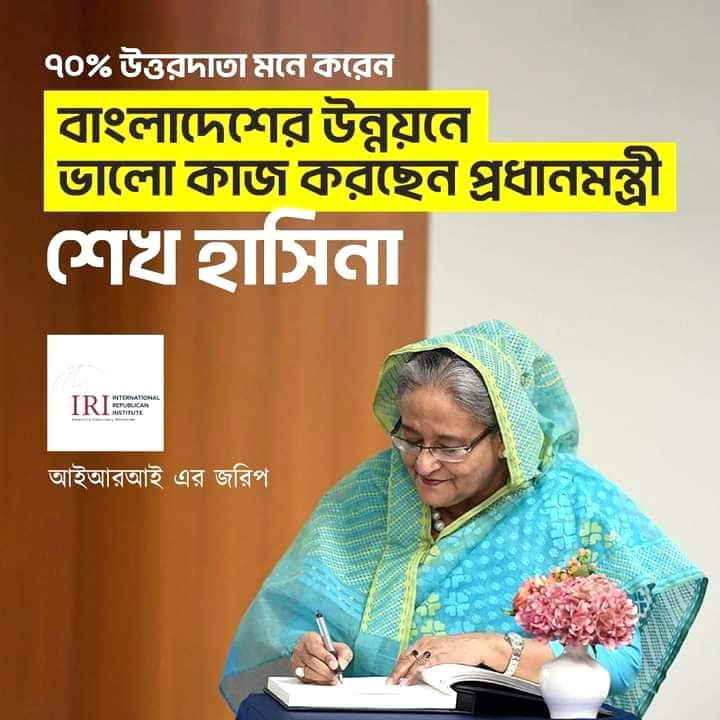 মার্কিন যুক্তরাষ্ট্রভিত্তিক সংস্থা ইন্টারন্যাশনাল রিপাবলিকান ইনস্টিটিউটের (আআরআই) জরিপে প্রধানমন্ত্রী শেখ হাসিনা ভালো কাজ করছেন বলে মনে করেন বাংলাদেশের প্রায় ৭০% মানুষ।
#SheikhHasina #SmartCity #DigitalBangladesh