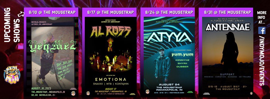 #AlteredXIII - celebrating 13 years of #AlteredThurzdaze 

8/10 @yehme2 w @ShyGuySaysWhat @dubknight @thehughjeffner 

8/17 @djalross w @emotionamusic @SNAXXXMUSIC 

8/24 @_atyya_ w @yumyumdubstep @officialkennyhz @shyriisounds 

8/31 @antennaemusic w @WeeWahofficial @edtrauma