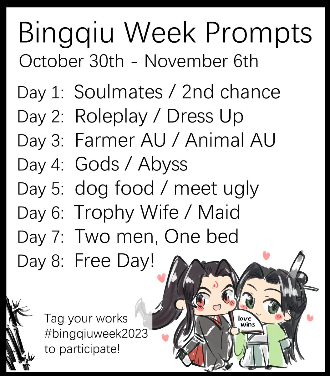 BQweek2023's tweet photo. Hello everyone!
I'm happy to announce the prompts for the #bingqiuweek2023!
Please look forward everyone 💕ヾ(≧▽≦*)o
#svsss #bingqiu #冰秋 https://t.co/mqtaIO8Eed