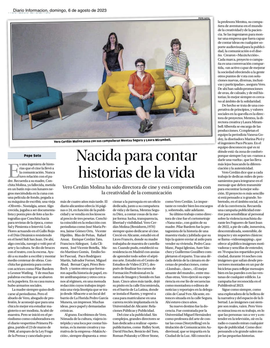 🤙/El <a href="/informacion_es/">INFORMACION.es</a> ha publicado un artículo muy 🔝 en el que conocemos un poco más sobre la apasionada trayectoria de nuestra CEO/Directora de Proyectos <a href="/verusverita/">Vero Cerdán Molina</a> y como en #MakinAcción un proyecto es más sencillo si está pensado a lo grande ✨🙌
#creatividad #storytelling